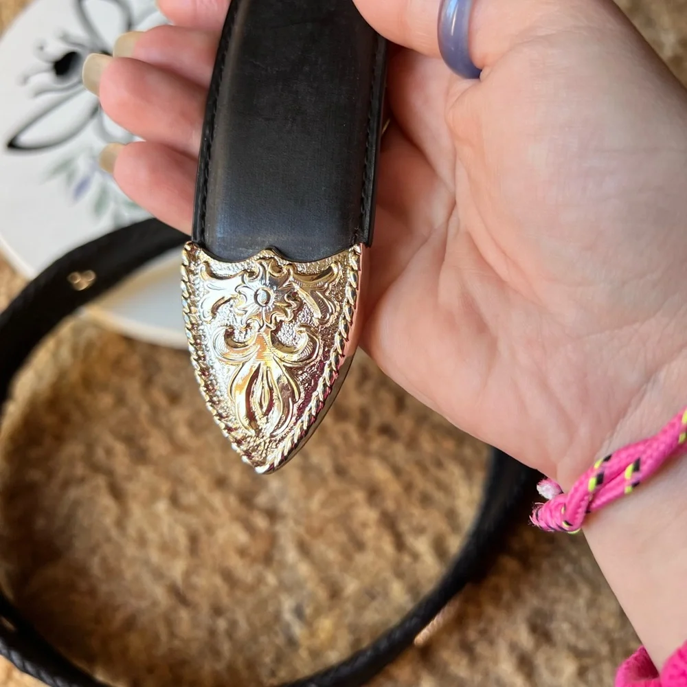 Women’s genuine black leather western belt with a gold-toned buckle and conchos. - Picture 16 of 17